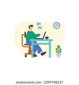 Working at home vector flat style illustration. Online career. Co-working space illustration. Young woman freelancers working on laptop or computer at home. Developer at home in quarantine