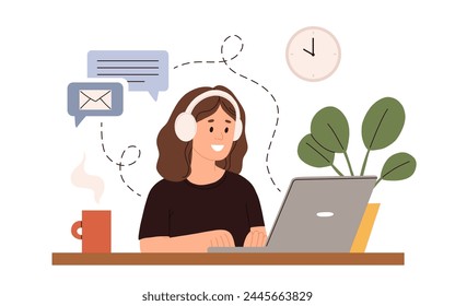 Working at home vector flat style illustration. Online career. Home office illustration. Young woman freelancer working on laptop or computer at home. Business woman at home in quarantine