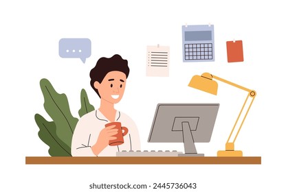 Working at home vector flat style illustration. Online career. Home office illustration. Young man freelancer working on laptop or computer at home. Business man at home in quarantine