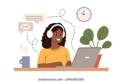 Working at home vector flat style illustration. Online career. Home office illustration. Young woman freelancer working on laptop or computer at home. Business woman at home in quarantine