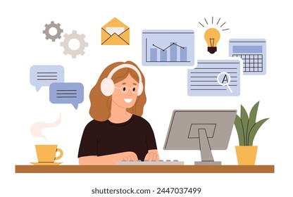 Working at home vector flat style illustration. Home office illustration. Young woman freelancer working on laptop or computer at home. Business woman multitasking at home in quarantine