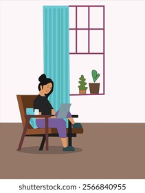 Working at home vector flat style illustration. Online career. Coworking space illustration. Young woman freelancers working on laptop or computer at home. Happy woman sitting on sofa with laptop. 