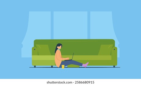 Working at home vector flat style illustration concept. A freelance, employee woman working from home, works on a laptop in front of the sofa.