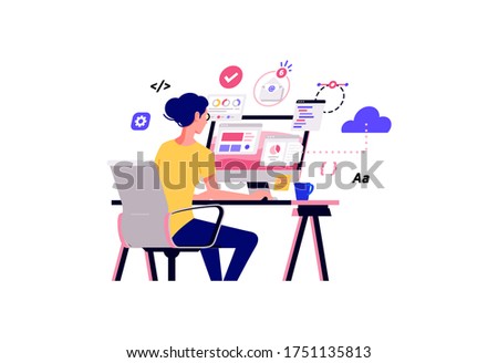 Working at home vector flat style illustration. Online career. Coworking space illustration. Young woman freelancers working on laptop or computer at home. Developer at home in quarantine.