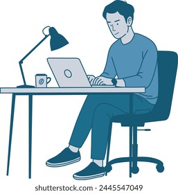 Working at home vector hand drawn style illustration. Online career. Coworking space illustration. Young man freelancers working on laptop or computer at home.