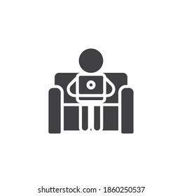Working from home vector icon. filled flat sign for mobile concept and web design. Man sitting with laptop on the sofa glyph icon. Symbol, logo illustration. Vector graphics