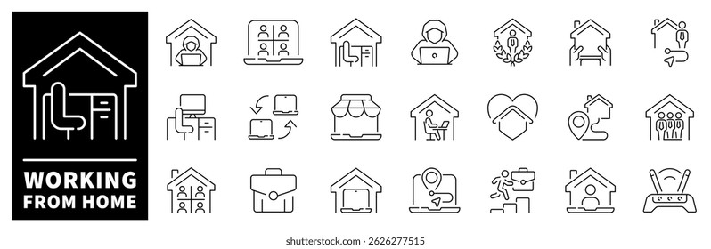Working from home vector icons. Set of thin line icons related to working from home. Freelance and Work at Home Icons Set. Distant Work, Freelance, Online working, Work Online, Remote work icons