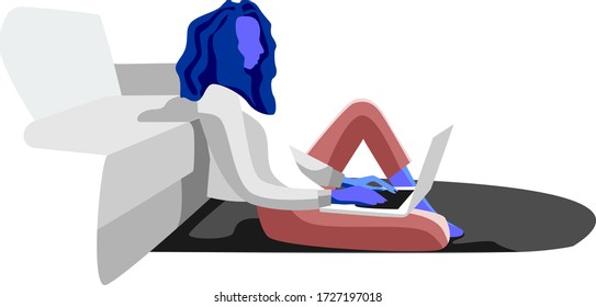 Working from home vector illustration with sofa interior blue concept modern flat design. freelance designer, youtuber, content creator.