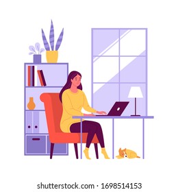 Working from home. Vector illustration of a young pretty woman sitting on a red armchair in her apartment and working on a laptop at the desk. Isolated on white