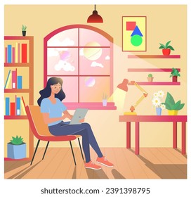 Working from home. Vector illustration, Young Woman sitting on armchair in her Apartment and working on a laptop at the desk. Light from the window. PC Lamp Books and Flowers in room. Online Education