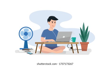 Working at home vector, man working with laptop on  low table. work from home concept.