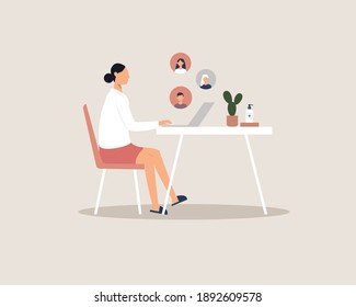 Working from home, video call conference, social distancing. A female character having online meeting with colleagues at home, sitting on chair. Online study or teaching concept. Vector illustration.