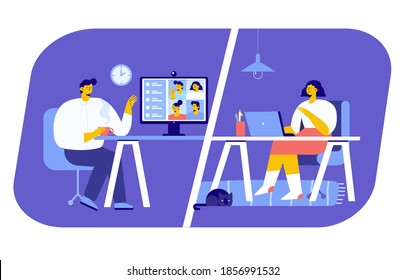 Working at home. Virtual meeting. Online conference. Young people working on laptops and computers at home. Flat style Vector illustration.