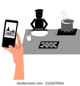 Working from Home. Vlogger Recording Their Cooking. Stick Figure Pictogram Icon. Vector Illustration