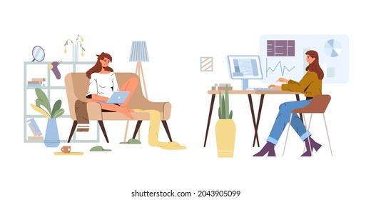 Working from home vs office. Flat official worker at computer in workplace and unofficial woman on sofa in living room. Remote online work on freelance versus office jobs. Employee against freelancer.