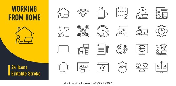 Working from home web icons in line style. Freelance, office, portfolio, hybrid work, online, time, coffee, productivity, collection. Vector illustration.