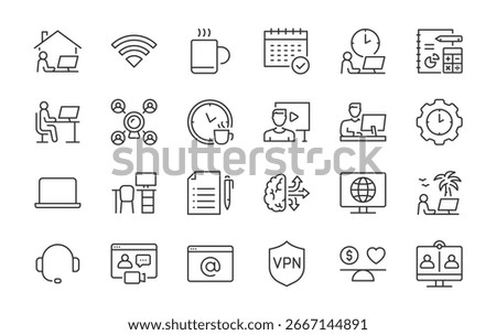 Working from home web icons in line style. Freelance, office, portfolio, hybrid work, online, time, coffee, productivity, collection. Vector illustration.