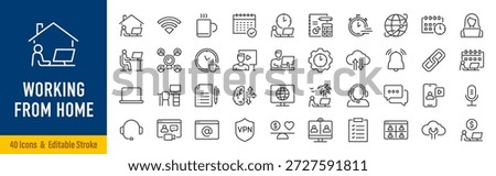 Working from home web icons in line style. Freelance, office, portfolio, hybrid work, online, time, coffee, productivity, collection. Editable stroke. Vector illustration.