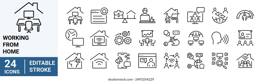 Working from home web line icon set. Containing remote work, work online, freelancing, home office, digital nomad.