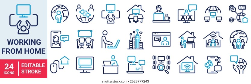 Working from home web line icon set. Containing remote work, work online, freelancing, home office, digital nomad.