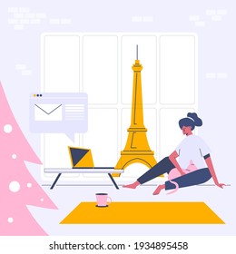 Trabajar desde la plantilla web del hogar, estilo de caricatura Pantalla plantilla web para teléfono móvil, página de inicio, plantilla, interfaz de usuario, web, aplicación móvil, afiche, banner, ilustración de vector plano