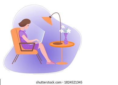 Working home, webinar, online meeting flat vector illustration. Video conferencing, teleworking, social distancing, business discussion, studying. Young girl with laptop sitting in the chair.