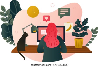 Working from home - A woman working at her desk at home with a cat and plants. Modern vector illustration concept of the home office.