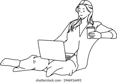 Working at home. Woman with laptop. Minimalistic lineart