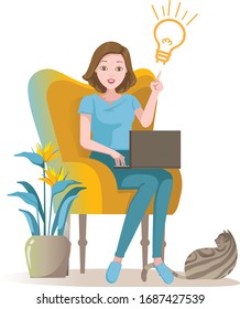 Working at home. Woman stay at home. Use a computer and sit on the sofa to act like a thought. Social distancing concept. During the coronary epidemic or Covid 19 epidemic.