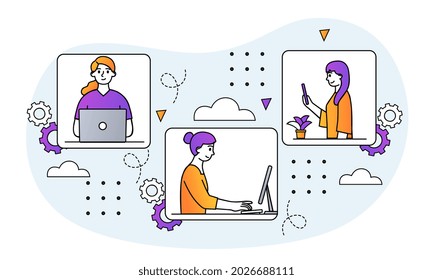 Working from home. Women sit in apartment and work on laptop, computer or phone. Online video conference. Remote work or freelance. Cartoon doodle flat vector illustration isolated on white background