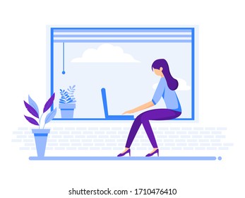 Working at home, women sitting at the window, illustrate concept. Young people, casual workers and women who work with laptops at home. Vector illustration of flat style