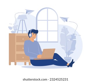 working at home. Work at the desk. Work in the living room. Working by the window. flat vector modern illustration