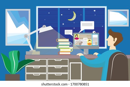 Working at home, workplace, concept illustration. Young and male freelancers working at home. Vector flat style illustration. economy, communication, mail business concept.
