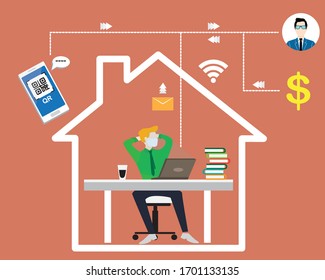 Trabajo en casa, lugar de trabajo, ilustración conceptual. Jóvenes y hombres independientes que trabajan en casa. Ilustración de estilo plano vectorial. economía, comunicación, concepto de negocio del correo.
