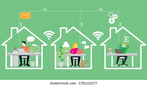 Trabajo en casa, lugar de trabajo, ilustración conceptual. Jóvenes y hombres independientes que trabajan en casa. Ilustración de estilo plano vectorial. economía, comunicación, concepto de negocio del correo.
