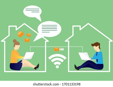 Working at home, workplace, concept illustration. Young and male freelancers working at home. Vector flat style illustration. economy, communication, mail business concept.
