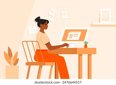 Working at Home. Young Black Woman Freelancers Working on Computer.  Online Career. Girl Browsing Internet, Blogging. Online Education Concept. Flat Vector Illustration.