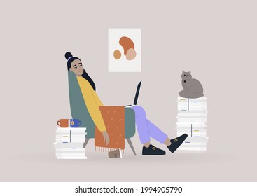 Working from home, a young female Asian character sitting in an armchair surrounded by paperwork
