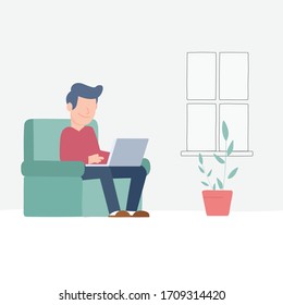 Working at home, young man freelancer working on laptop at home. Person at home in quarantine. Vector flat person illustration.