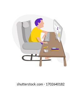 Working at home, young man people character works on computer, flat design vector illustration