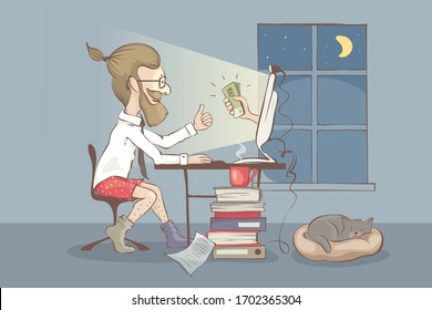 Working from home.  Young man receives a salary for remote work, funny vector illustration. EPS 10.