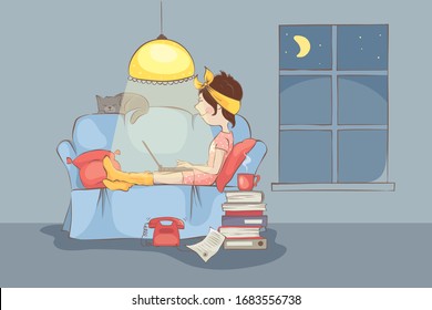 Working from home. Young woman works on the laptop on home, funny vector illustration. EPS 10.