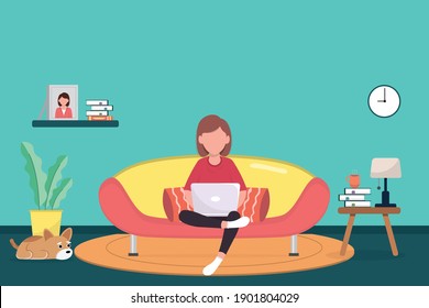 Working at home,concept illustration. Young womаn freelancer working on laptops at home. Vector flat style illustration