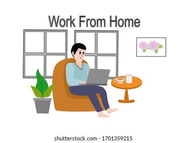 Working at home.coworking space,concept illustration. Man freelancer working on laptop at home. People at home in quarantine. Vector flat style illustration.