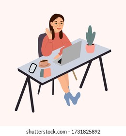 Working at home.Girls working on laptops at home in quarantine. Vector hand drawn flat illustation.Freelance or studying concept.
