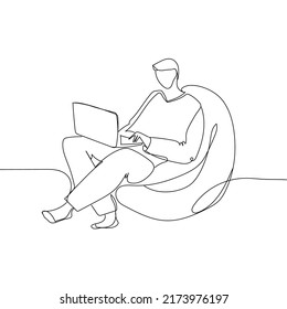 Working at home.Young man freelancers working on laptops and computers at home Line art vector illustration,single line sketch drawing. People at home in quarantine minimalistic design.