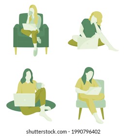 Working at home,young people woman freelance working on laptops and computers ,people at home in quarantine,vector flat style illustration 