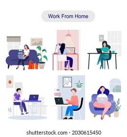 Working at home,Young people,Woman and man freeLancers working on laptop and computer at home.Employees working from home.Flat Style concept of the freelancing comfortable work in home working.vector 