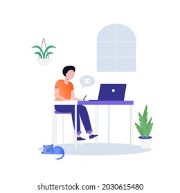 Working at home,Young people,Woman and man freeLancers working on laptop and computer at home.Employees working from home.Flat Style concept of the freelancing comfortable work in home working.