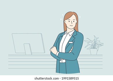 Working in hotel concept. Portrait of young smiling woman working as receptionist standing at desk in lobby of hotel looking at camera vector illustration 